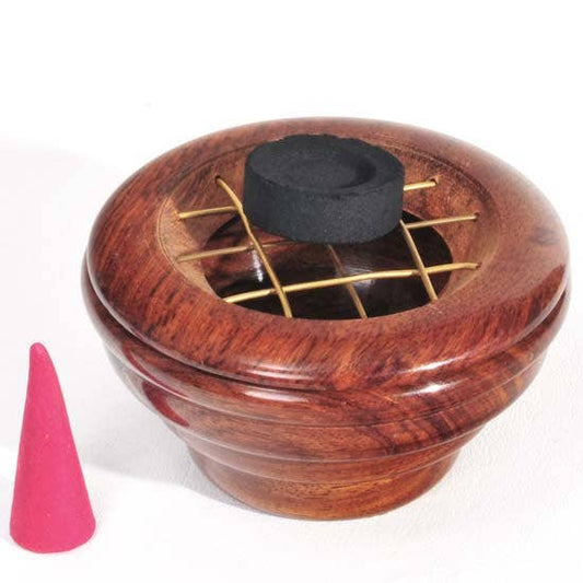 Wood Charcoal Burner: Sheesham Wood and Brass / 4" diameter