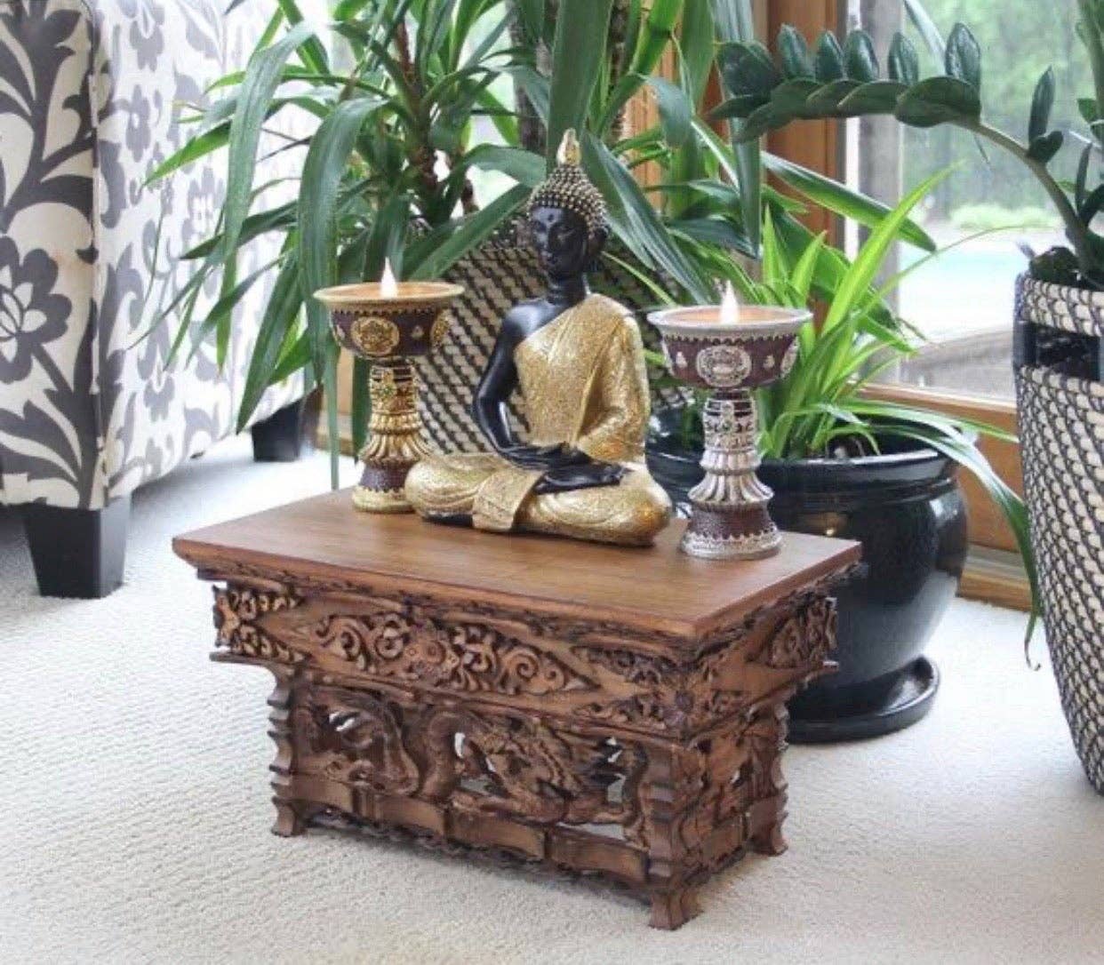 Solid Wood Hand Carved Tibetan Buddhist Prayer Shrine Altar: Small 16X9X9 Inches