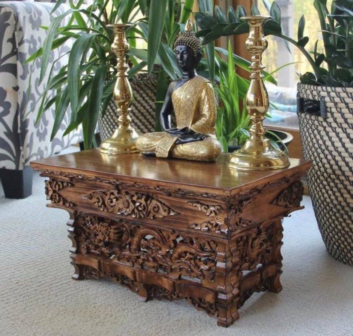 Solid Wood Hand Carved Tibetan Buddhist Prayer Shrine Altar: Small 16X9X9 Inches