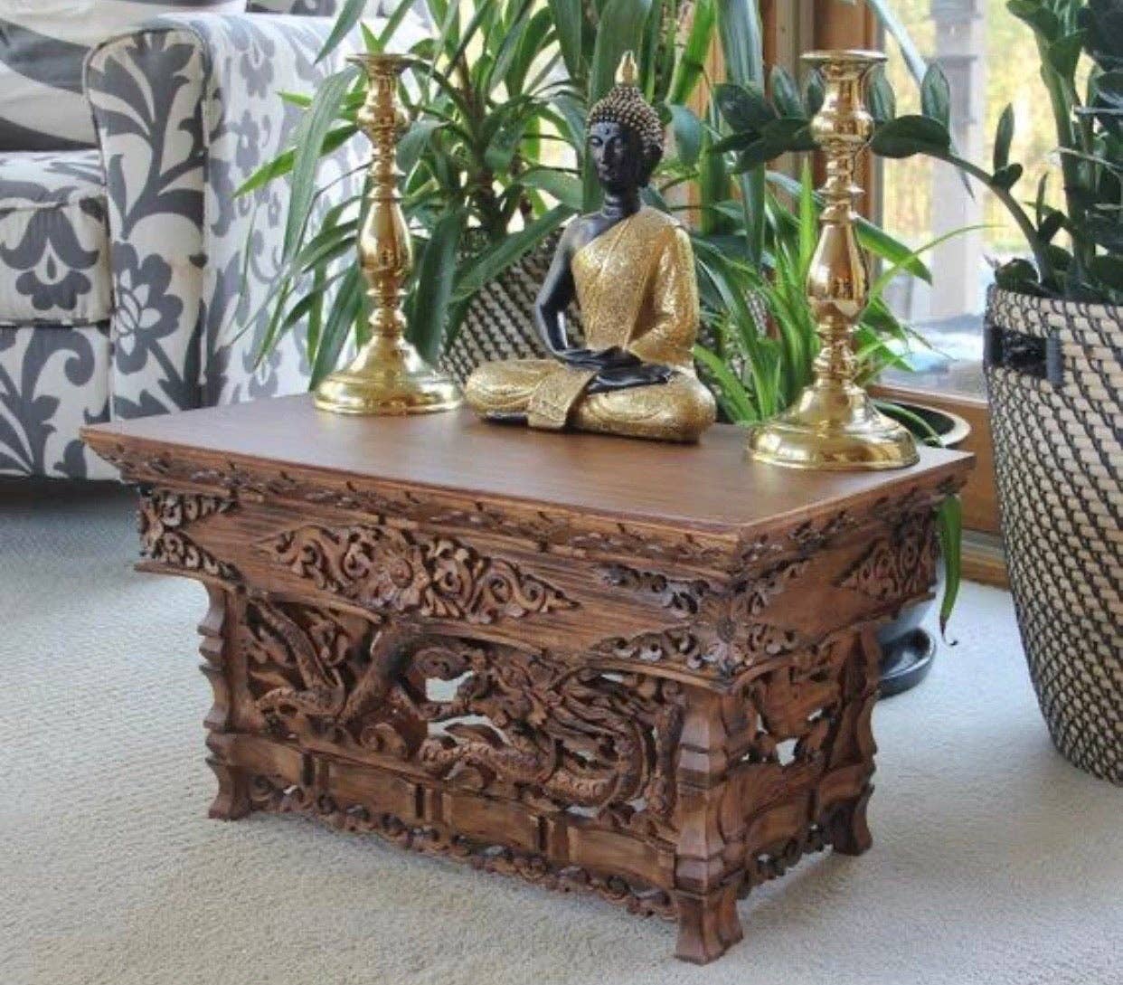 Solid Wood Hand Carved Tibetan Buddhist Prayer Shrine Altar: Small 16X9X9 Inches