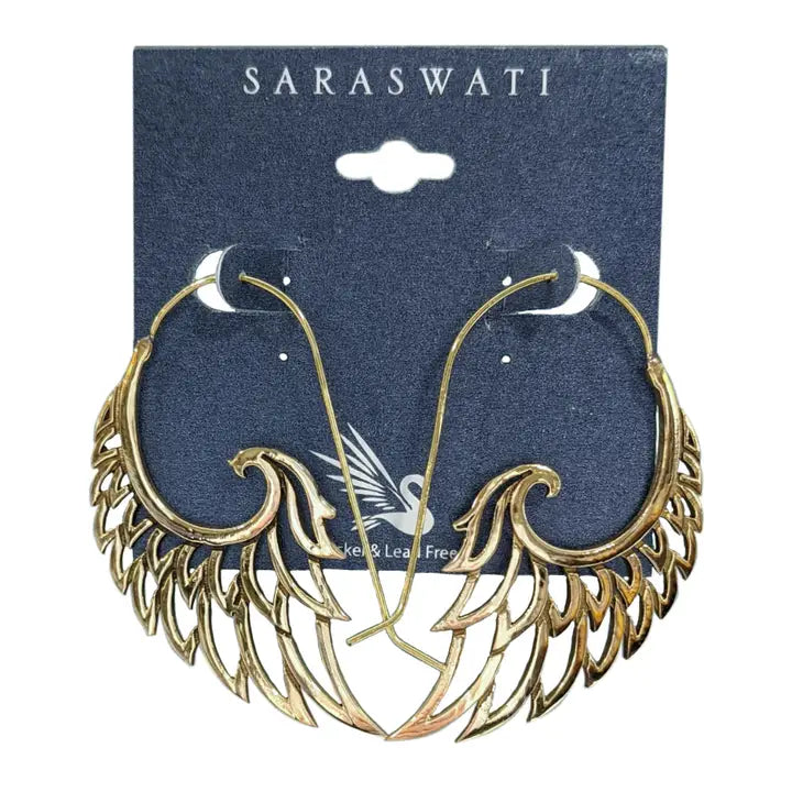 Angel Wings Brass Hoop Earrings