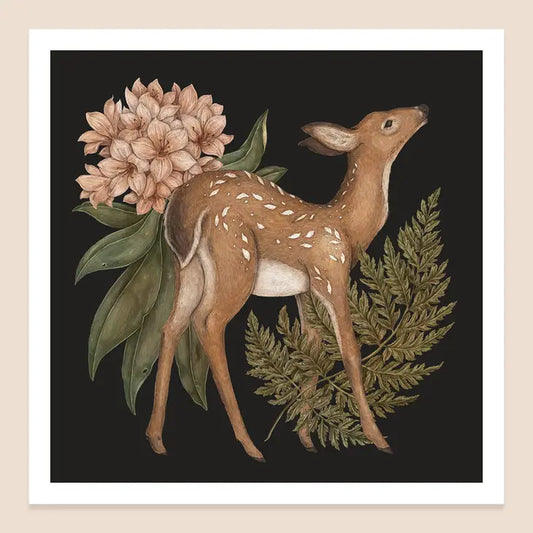 10" x 10" Deer, Fern, Rhododendron Print