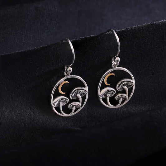 Silver Mushroom Dangle Earrings with Bronze Moon 28x15mm