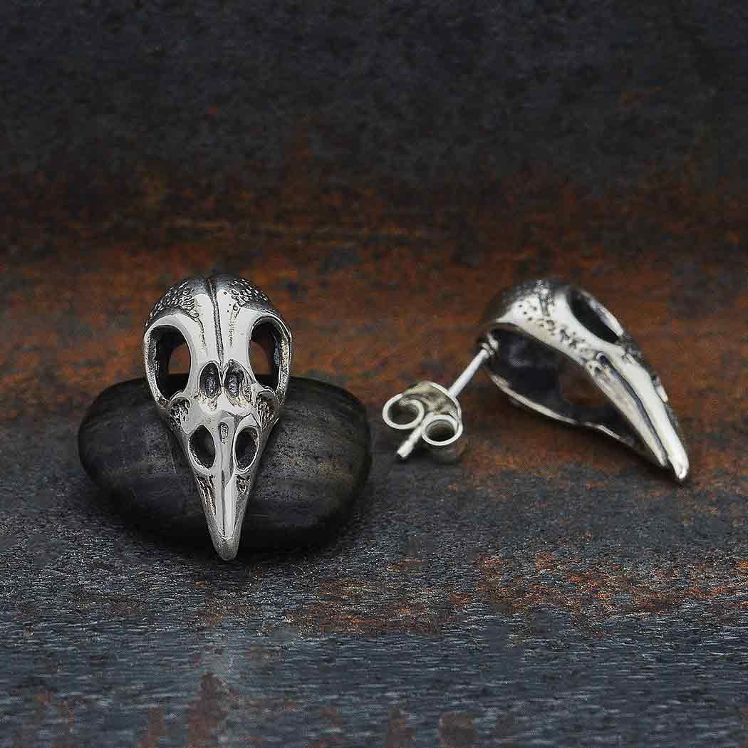 Raven Skull Post Earrings 21x11mm